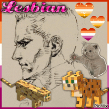 a drawing of a man surrounded by hearts and a cat and the word lesbian