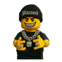 a lego figure wearing a black beanie with blazzard on it