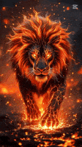 a lion with a fiery mane is walking through a field of flames .