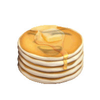 a stack of pancakes with syrup and butter on a white background