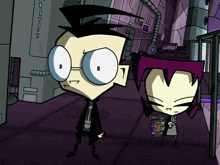 a couple of cartoon characters standing next to each other with one holding a purple cup