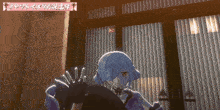 a girl with blue hair is standing in front of a door with chinese writing