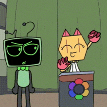 two cartoon characters are standing next to each other one has a question mark on its head