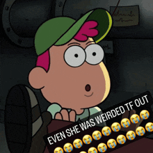 a cartoon character has a sign that says even she was weirded tf out