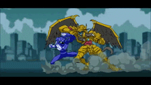 a pixel art drawing of a blue power ranger fighting a golden monster