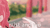 a pixel art of a girl with pink hair and the words mist and vio on the bottom