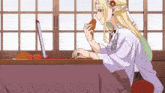 a cartoon drawing of a woman sitting at a table eating food