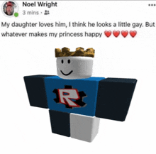 a facebook post by noel wright shows a robot with a crown on his head