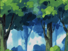 a cartoon drawing of a forest with trees and a blue sky