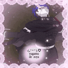 a drawing of a man with purple hair and the name yugami de zoya