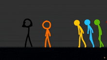 a group of stick figures are standing in a line and one of them is orange