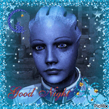 a picture of a woman with blue eyes and the words good night