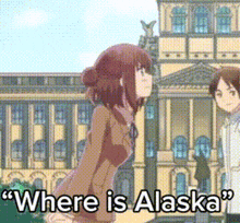 a girl is standing in front of a building with the words " where is alaska " below her