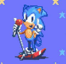 a pixel art of sonic the hedgehog holding a rope and a microphone .
