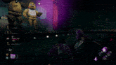 a man in a purple shirt is playing a video game with five nights at freddy 's characters in the background