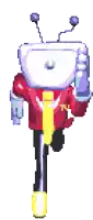 a pixel art drawing of a robot wearing a red jacket and a yellow tie
