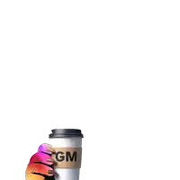 a person is holding a cup of coffee with the letters gm on it