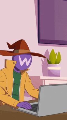 a cartoon character with a w on his face is using a laptop computer