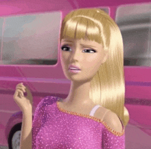 a barbie doll with blonde hair and a pink shirt is standing in front of a pink van .