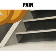 a cartoon character is walking up a set of stairs and the word pain is on the bottom