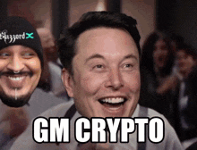 elon musk is laughing in front of a group of people with gm crypto written on the bottom
