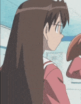 a girl with long brown hair is wearing glasses and a pink shirt