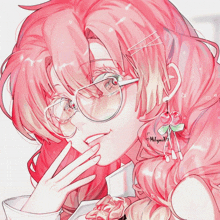 a drawing of a girl with pink hair wearing glasses and earrings