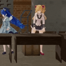 a girl with blue hair is standing next to another girl