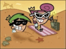 a couple of cartoon characters are sitting on a towel on a beach .
