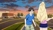 a boy and a girl are standing next to each other on a sidewalk