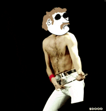 a drawing of a shirtless man with a mustache and sunglasses with the word $ dood below him