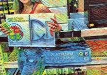 a painting of a woman holding a box with the word platform on it