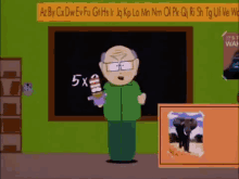 a cartoon of a man standing in front of a blackboard with the number 5x written on it