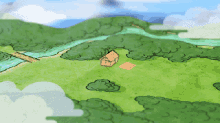 a cartoon drawing of a house in the middle of a green field