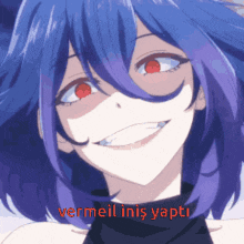 a girl with blue hair and red eyes is smiling with the words vermeil iniş yapti written below her