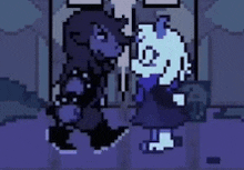 a pixel art of two characters standing next to each other in a room .