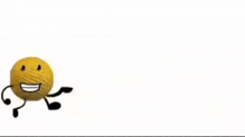 a yellow ball with a face and black arms and legs is smiling .