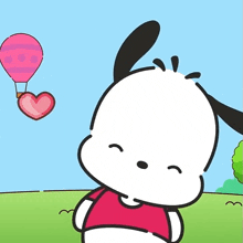 a cartoon of a dog with a heart shaped hot air balloon behind him