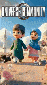 a cartoon of a boy and a girl holding hands in front of a mosque .
