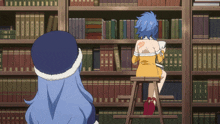 a girl sits on a stool in front of a bookshelf with a book titled " fairy tail " on it