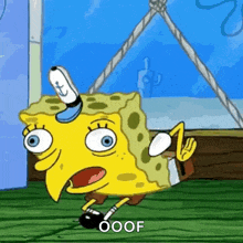 a cartoon of a spongebob squarepants character holding a bomb and saying oof .