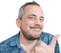 a man with a beard wearing a blue shirt is smiling and giving a thumbs up