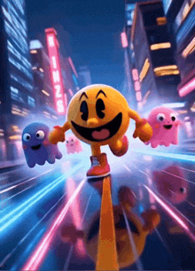 pac man and his ghosts are running in a city