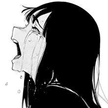 a black and white drawing of a girl crying with her mouth open and tears running down her face .