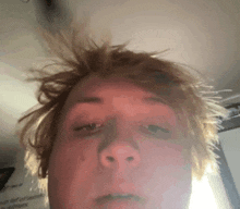a close up of a person 's face with a very messy hair style