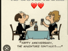 a cartoon of a man and woman toasting their anniversary with wine