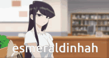 a girl with long black hair is standing in front of a sign that says " esmeraldinhah "