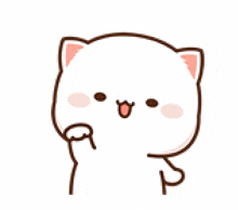 a cartoon cat with hearts on its face is holding its paw up .