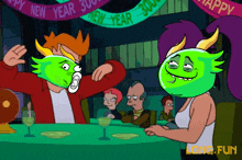 a cartoon of a man and a woman sitting at a table in front of a banner that says new year 3000