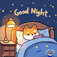 a cartoon of a dog laying in a bed with the words good night below it